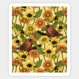 Wrens and flowers on pale yellow Sticker